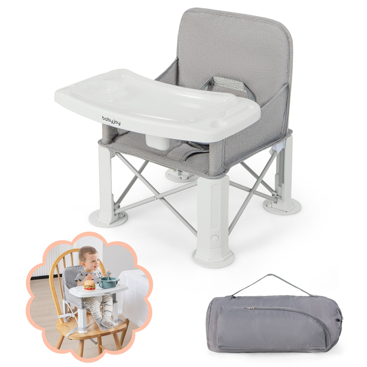 Babyjoy Baby Travel Booster Seat with Double Tray Portable Folding Toddler Dining Chair Gray/Blue